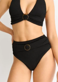 Gini London Black Textured High Waisted Bottoms With Ring Belt Detail