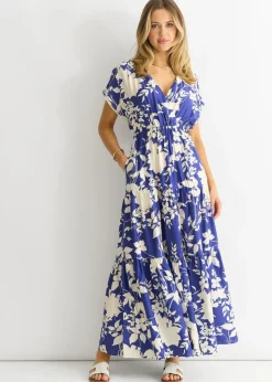 Gini London Blue Floral Elastic Waist Maxi Dress