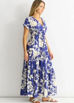 Gini London Blue Floral Elastic Waist Maxi Dress