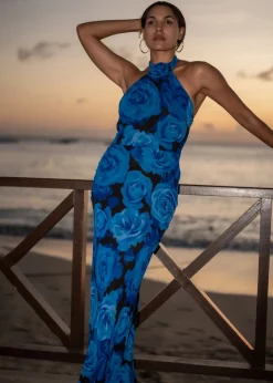 Gini London Blue Floral Occasion Halter Maxi Dress