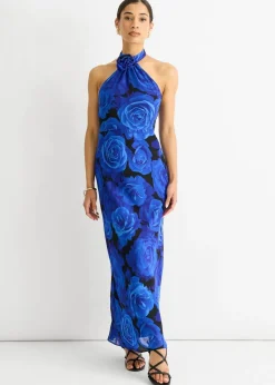 Gini London Blue Floral Occasion Halter Maxi Dress