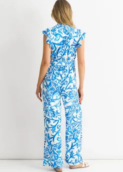 Gini London Blue Floral Ruffle Sleeeves Jumpsuit