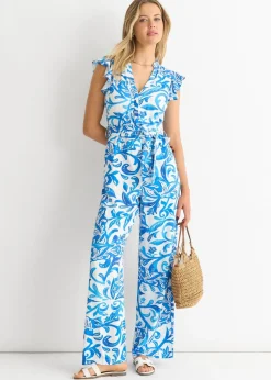 Gini London Blue Floral Ruffle Sleeeves Jumpsuit