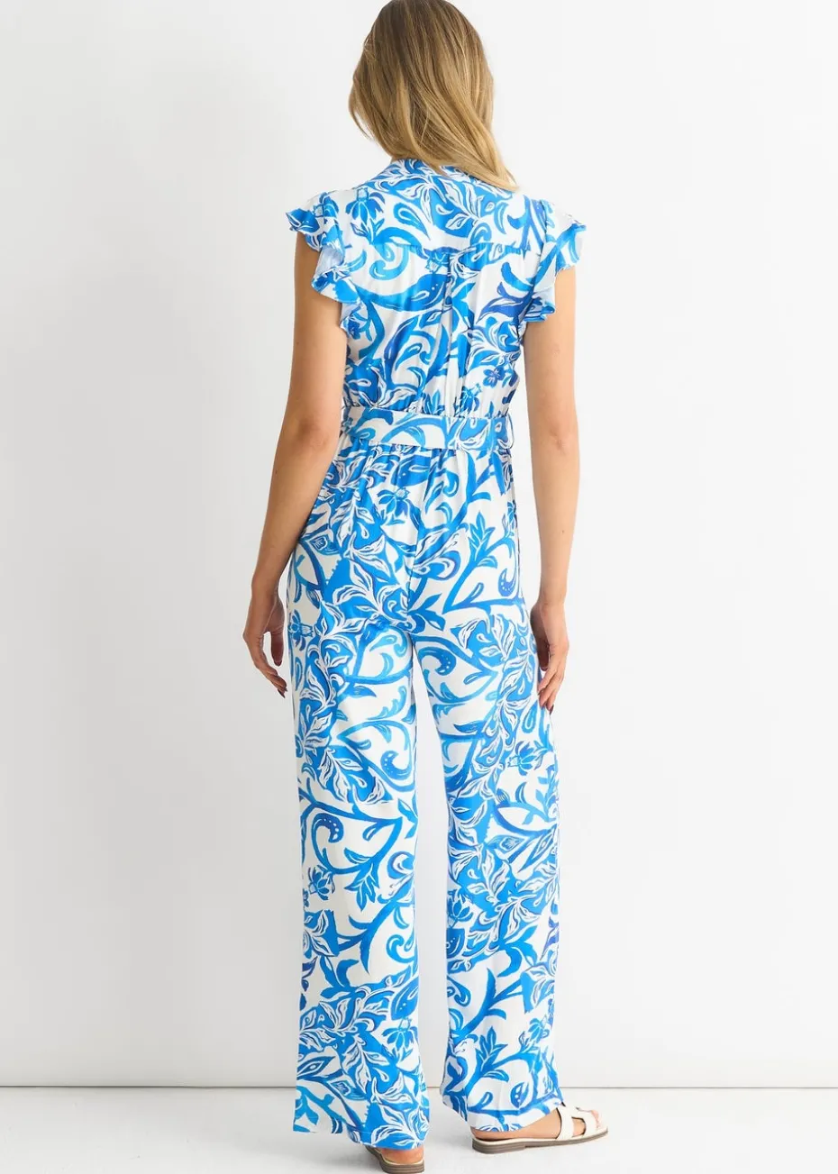 Gini London Blue Floral Ruffle Sleeeves Jumpsuit