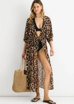 Gini London Brown Animal Print Flowy Open Front Beach Cover Kimono