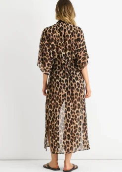 Gini London Brown Animal Print Flowy Open Front Beach Cover Kimono