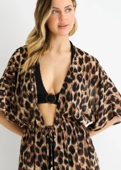 Gini London Brown Animal Print Flowy Open Front Beach Cover Kimono