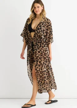 Gini London Brown Animal Print Flowy Open Front Beach Cover Kimono