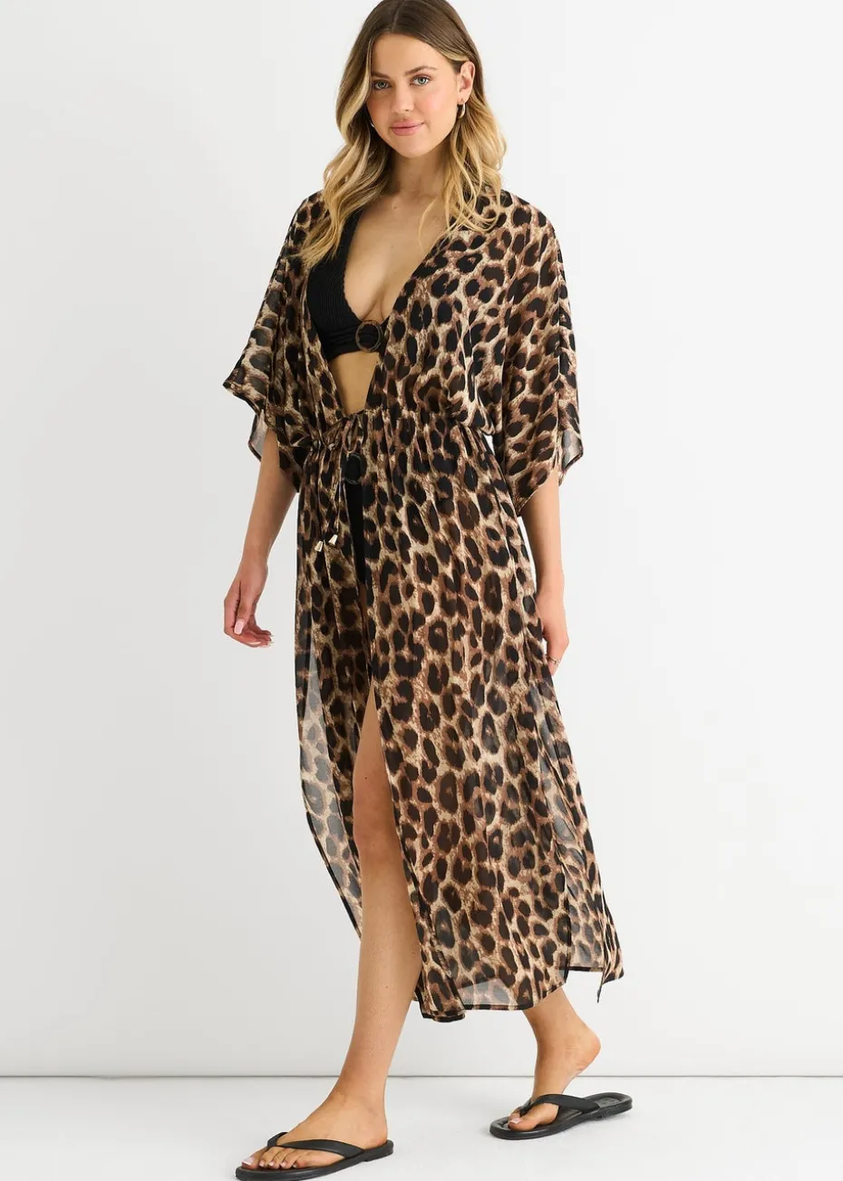 Gini London Brown Animal Print Flowy Open Front Beach Cover Kimono