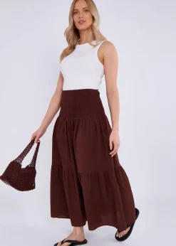 Gini London Brown Cotton Smock Tiered Cotton Maxi Skirt