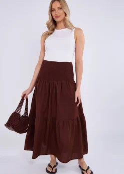 Gini London Brown Cotton Smock Tiered Cotton Maxi Skirt