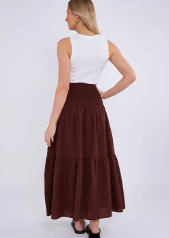 Gini London Brown Cotton Smock Tiered Cotton Maxi Skirt