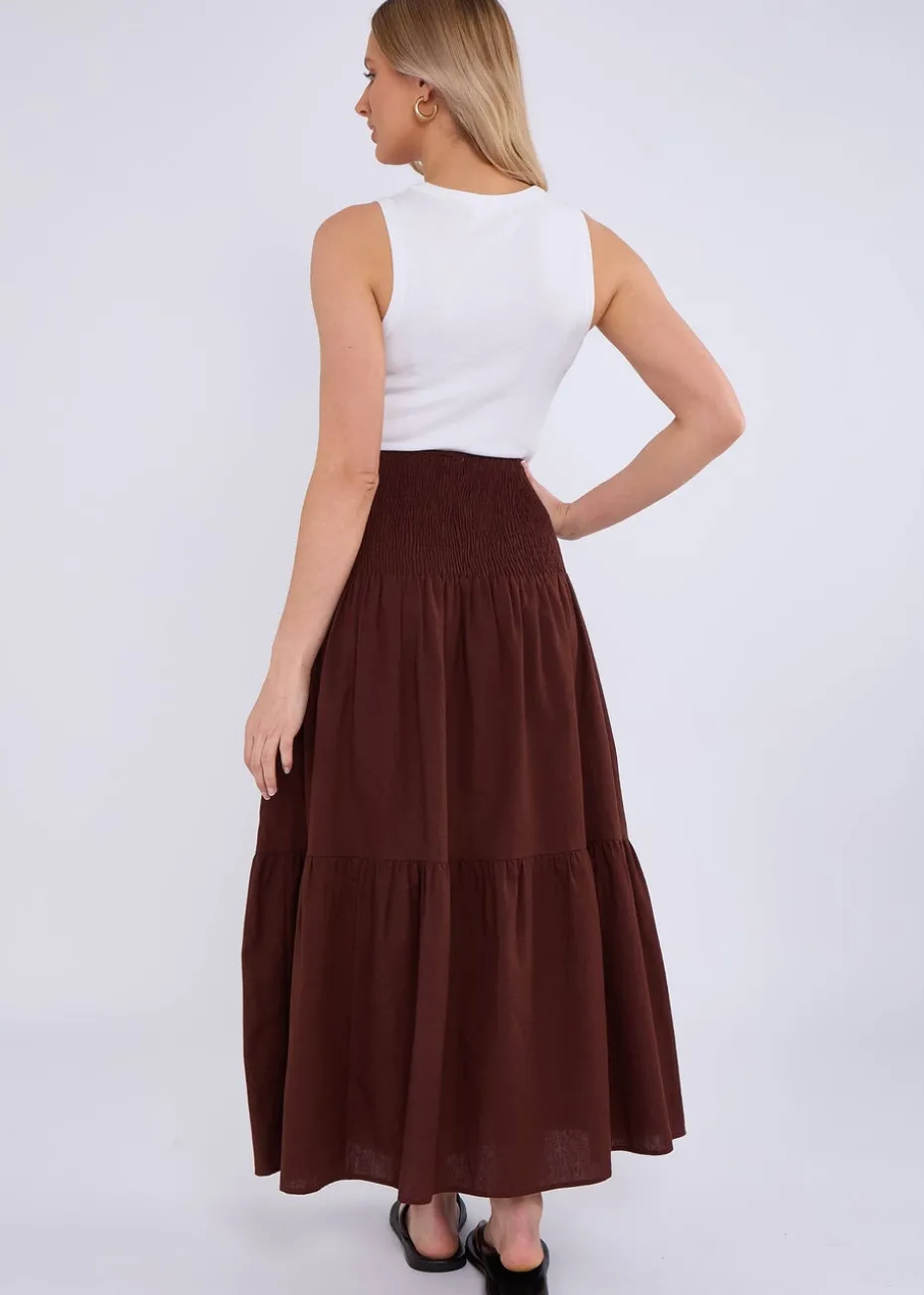 Gini London Brown Cotton Smock Tiered Cotton Maxi Skirt