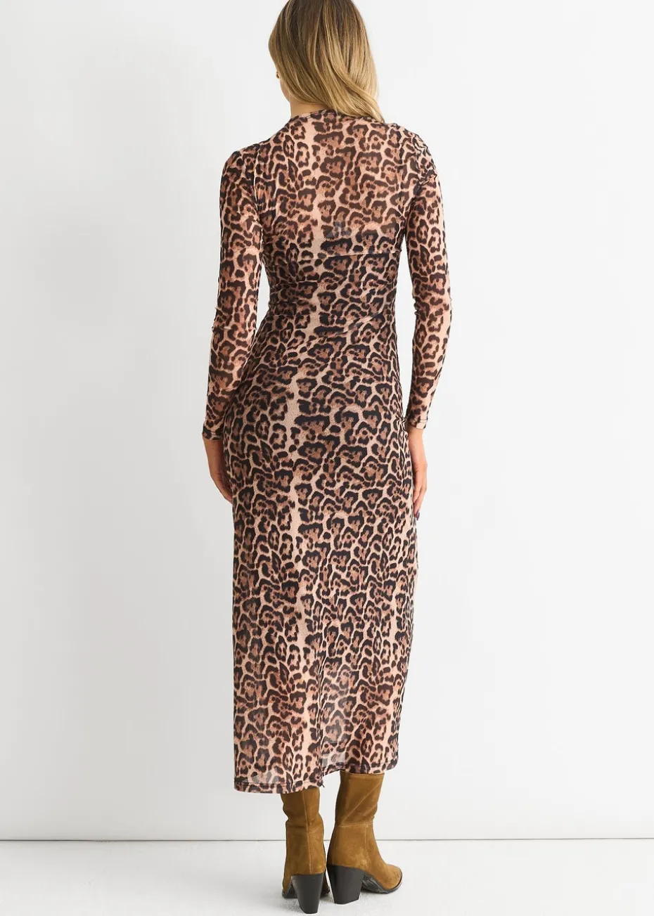 Gini London Brown Mesh Animal Print Jersey Maxi Dress