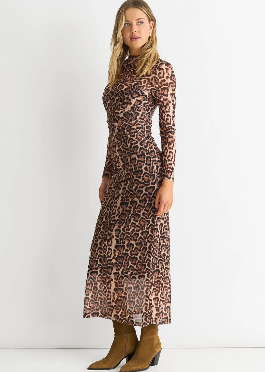 Gini London Brown Mesh Animal Print Jersey Maxi Dress