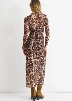 Gini London Brown Mesh Animal Print Jersey Maxi Dress