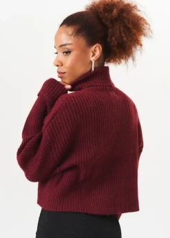 Gini London Burgundy High Neck Chunky Knit Crop Jumper