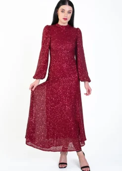 Gini London Burgundy Sequin High Neck Occasion Midi Dress