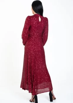 Gini London Burgundy Sequin High Neck Occasion Midi Dress
