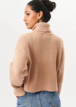 Gini London Camel High Neck Chunky Knit Crop Jumper