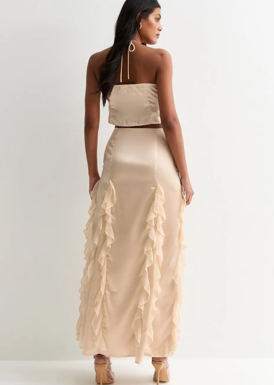 Gini London Champagne Satin Ruffle Maxi Skirt