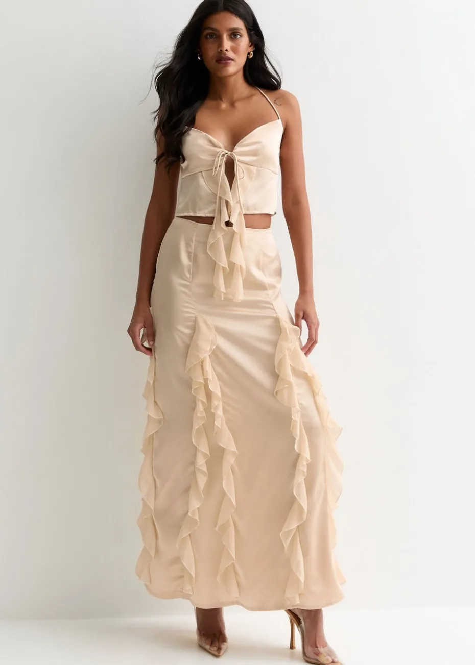 Gini London Champagne Satin Ruffle Maxi Skirt