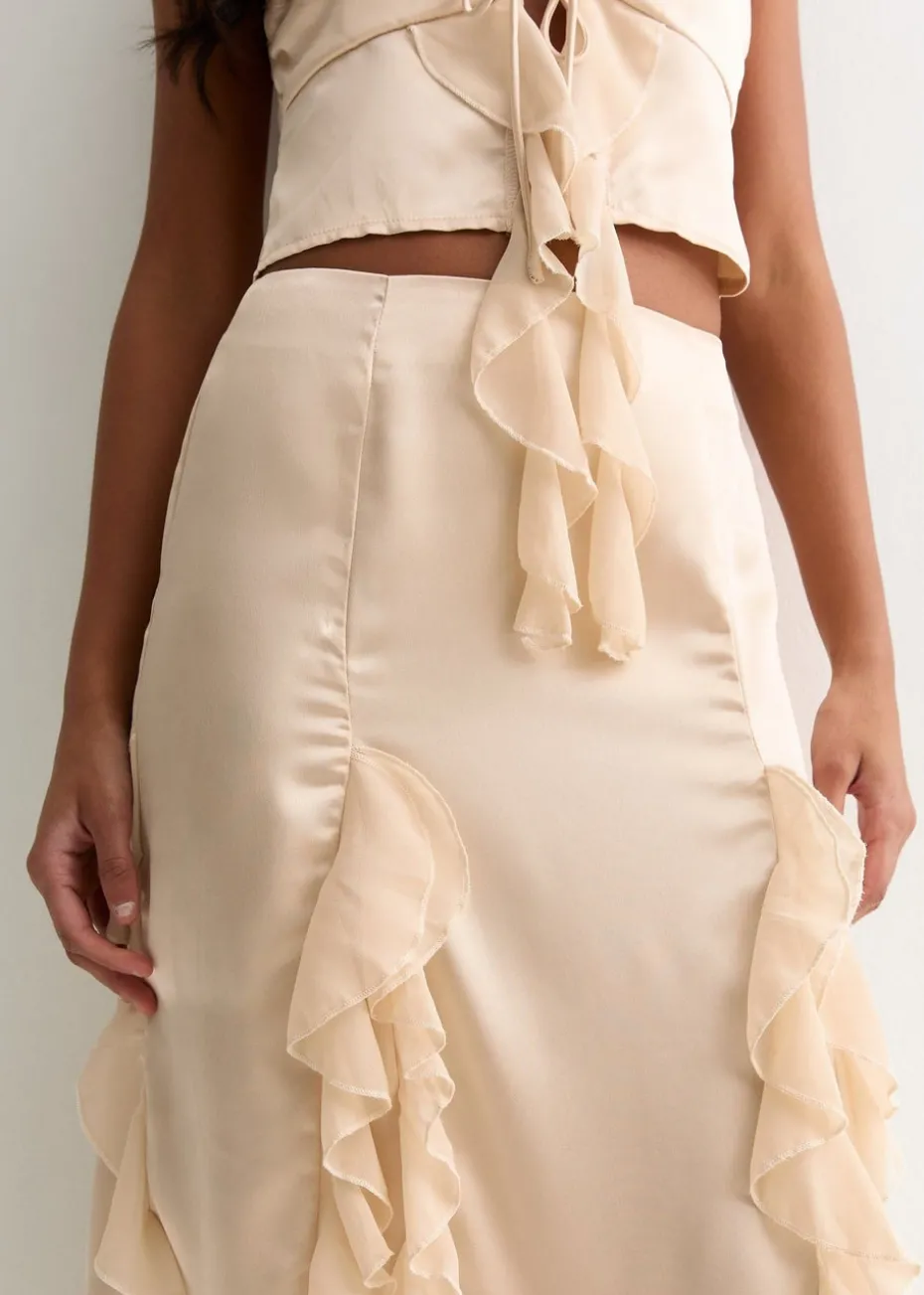 Gini London Champagne Satin Ruffle Maxi Skirt