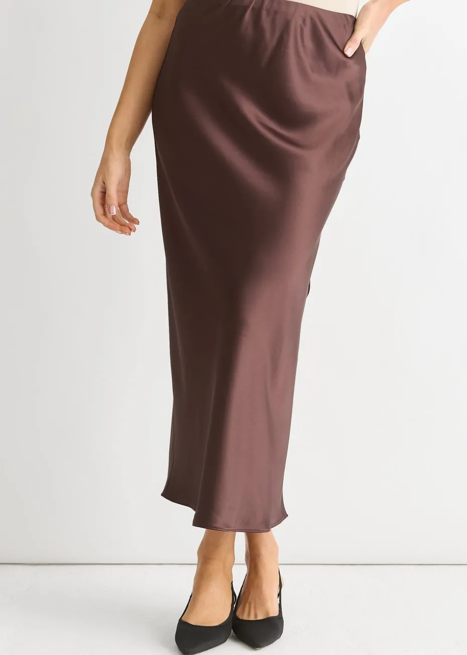 Gini London Chocolate Satin Midi Skirt