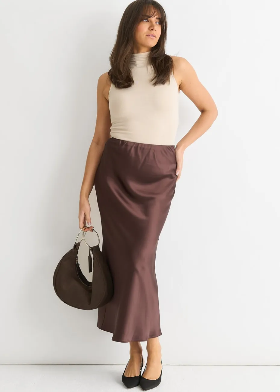 Gini London Chocolate Satin Midi Skirt