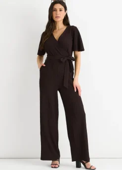 Gini London Chocolate Textured Jersey Wrap Wide Leg Jumpsuit