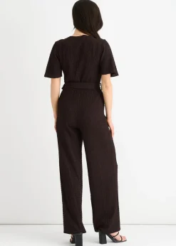 Gini London Chocolate Textured Jersey Wrap Wide Leg Jumpsuit
