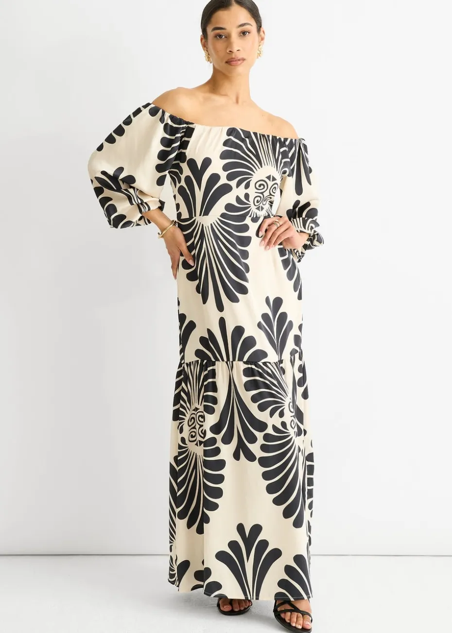 Gini London Cream Bardot Mono Print Maxi Dress