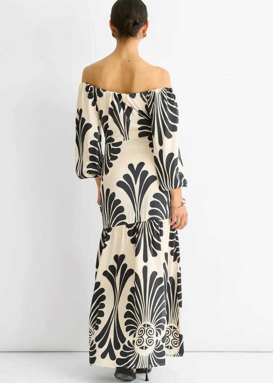 Gini London Cream Bardot Mono Print Maxi Dress