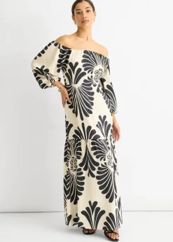 Gini London Cream Bardot Mono Print Maxi Dress