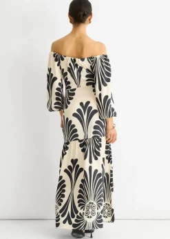 Gini London Cream Bardot Mono Print Maxi Dress