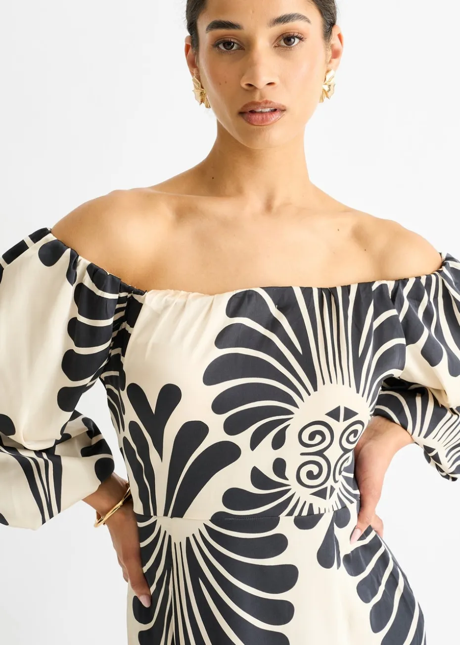 Gini London Cream Bardot Mono Print Maxi Dress