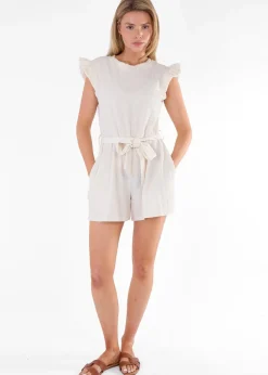 Gini London Cream Stretch Texture Frill Elasticated Waist Playsuit