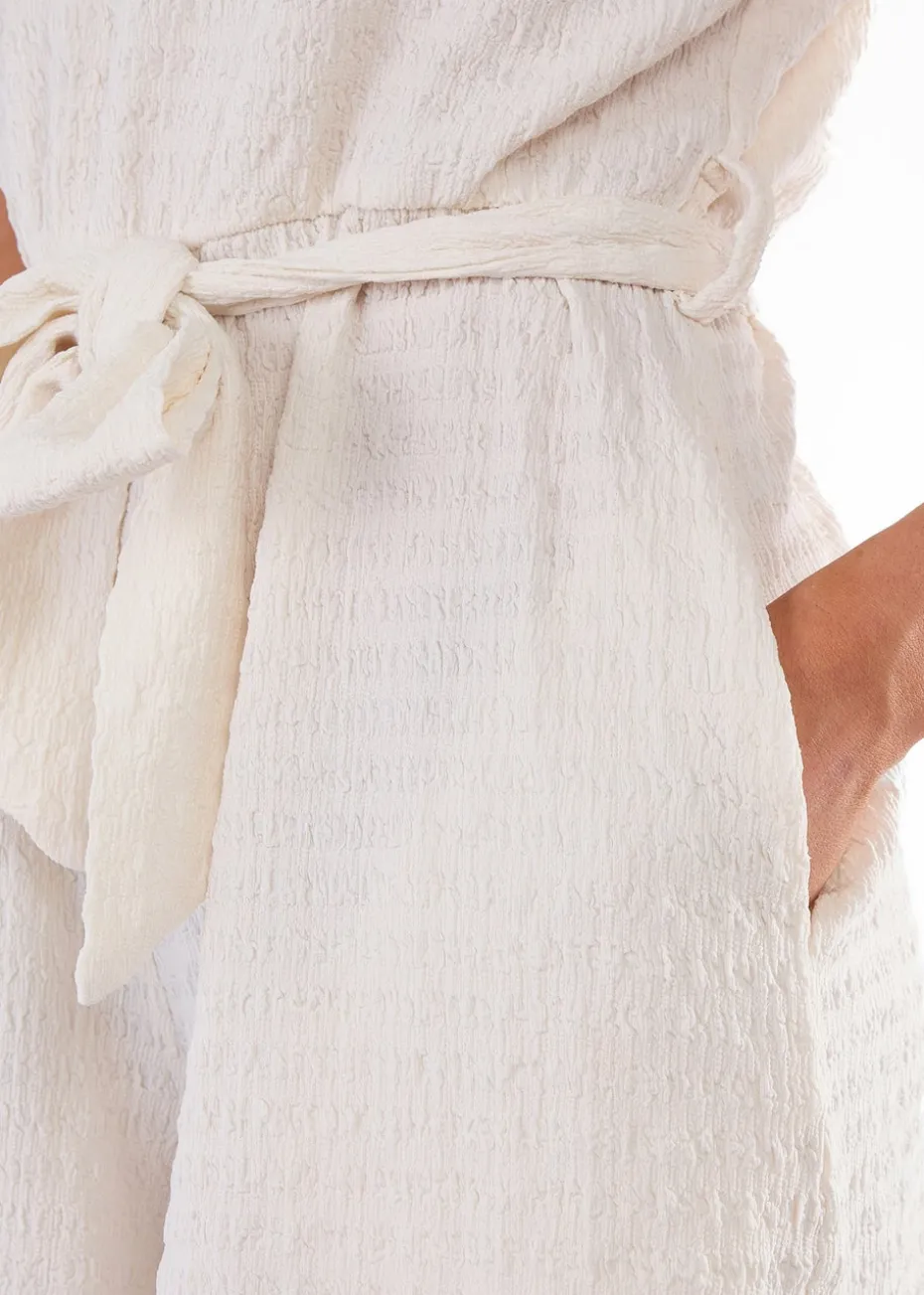 Gini London Cream Stretch Texture Frill Elasticated Waist Playsuit