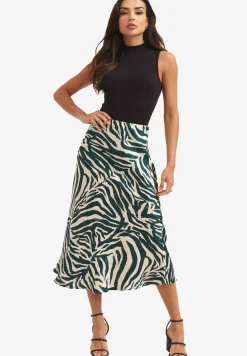 Gini London Green Animal Print Satin Bias Cut Midi Skirt