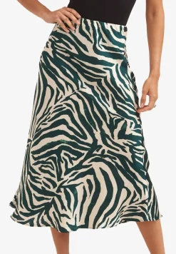 Gini London Green Animal Print Satin Bias Cut Midi Skirt