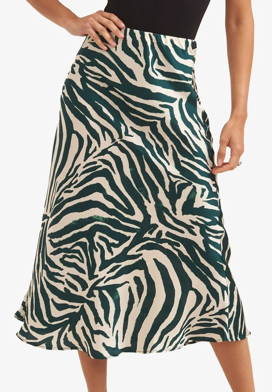 Gini London Green Animal Print Satin Bias Cut Midi Skirt