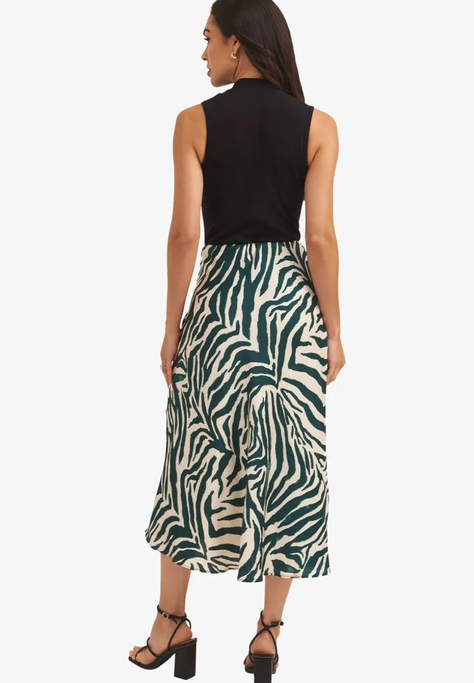 Gini London Green Animal Print Satin Bias Cut Midi Skirt