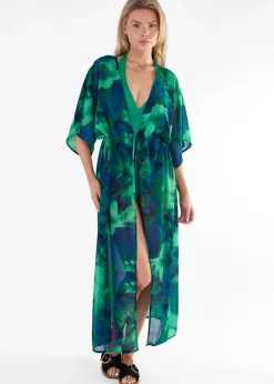 Gini London Green Flowy Open Front Beach Cover Kimono