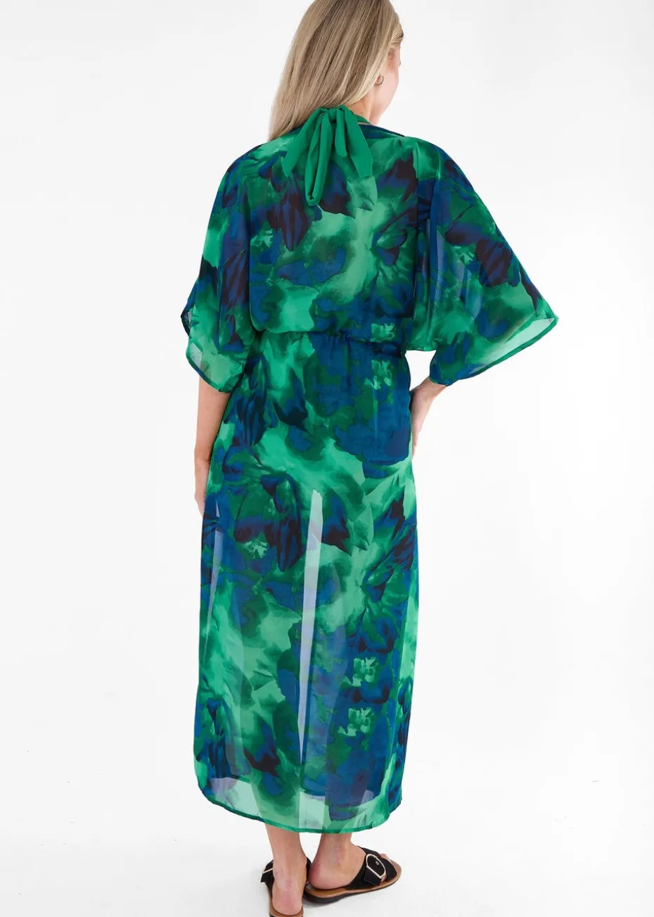 Gini London Green Flowy Open Front Beach Cover Kimono