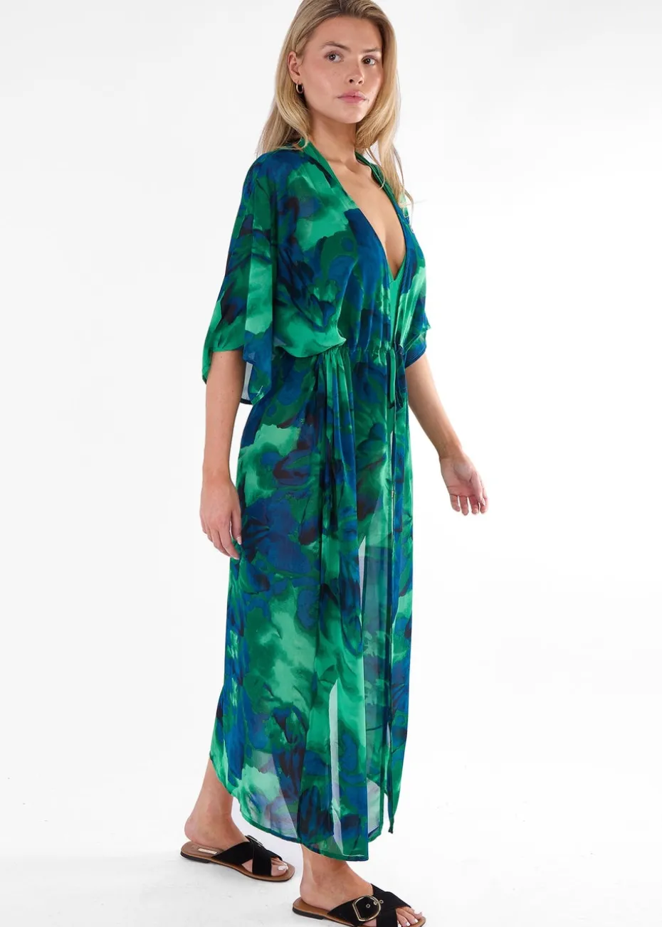 Gini London Green Flowy Open Front Beach Cover Kimono