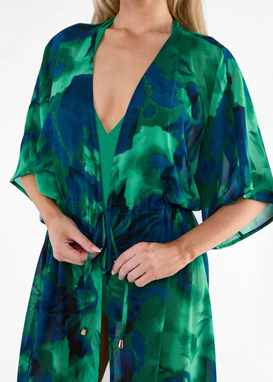 Gini London Green Flowy Open Front Beach Cover Kimono