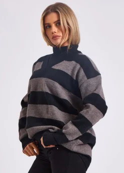 Gini London Grey Wide Stripe Oversized Jumper