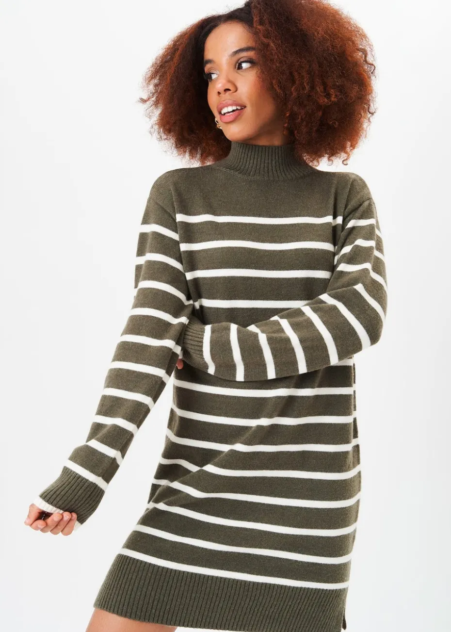 Gini London Khaki High Neck Stripe Oversized Tunic Dress