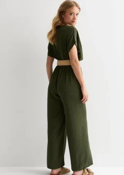 Gini London Khaki Short Sleeves Elasticated Waist Belted Jumpsuit