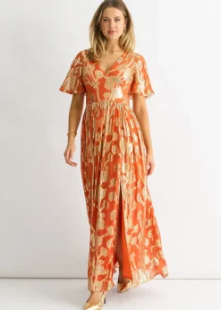 Gini London Orange Metallic Jacquard Flutter Sleeves Maxi Dress